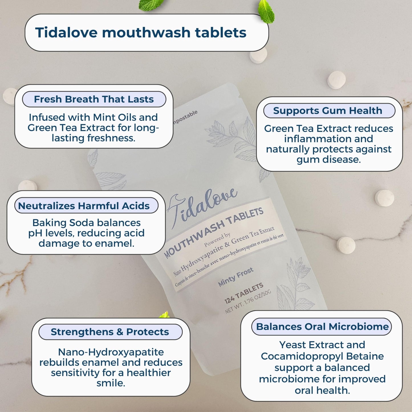 Tidalove Mouthwash Tablets - Alcohol-Free, Eco-Friendly, Travel-Friendly with Nano-HA & Green Tea - 124 Tablets (Tin)