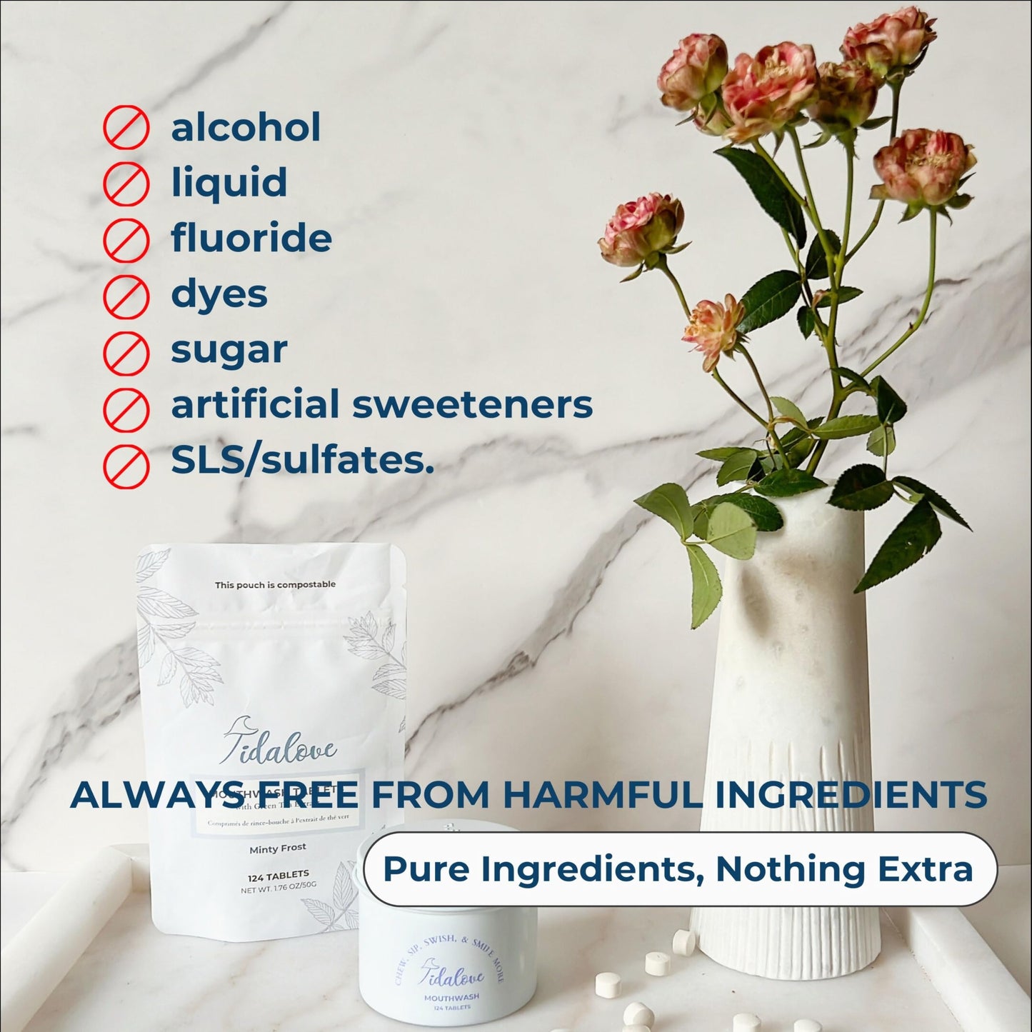 Tidalove Mouthwash Tablets - Alcohol-Free, Eco-Friendly, Travel-Friendly with Nano-HA & Green Tea - 124 Tablets (Tin)