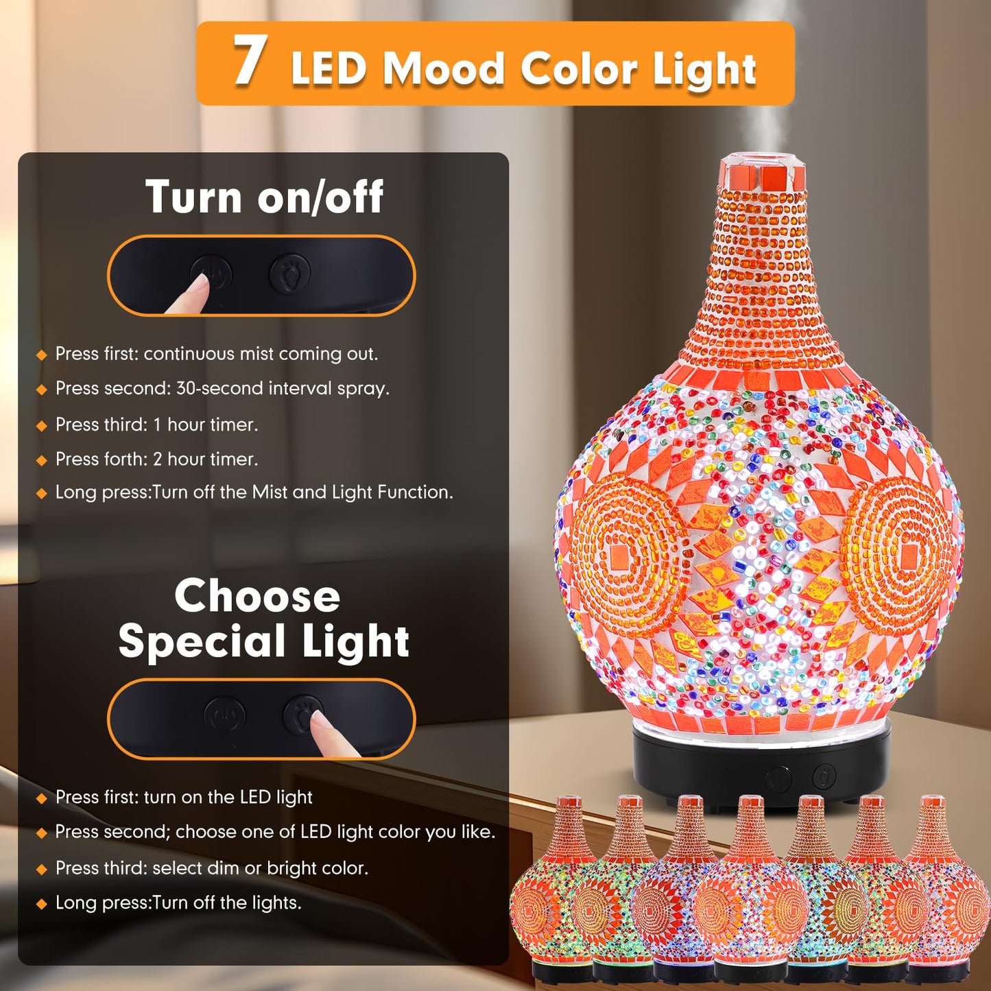 Mosaic Glass Diffuser - Tiffany Style Aromatherapy with 7-Color LED