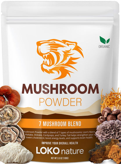 Tiger 7 Mushroom Powder Extract - 3.5oz (100g) | 7-Mushroom Blend | Vegan, Gluten-Free, Dairy-Free