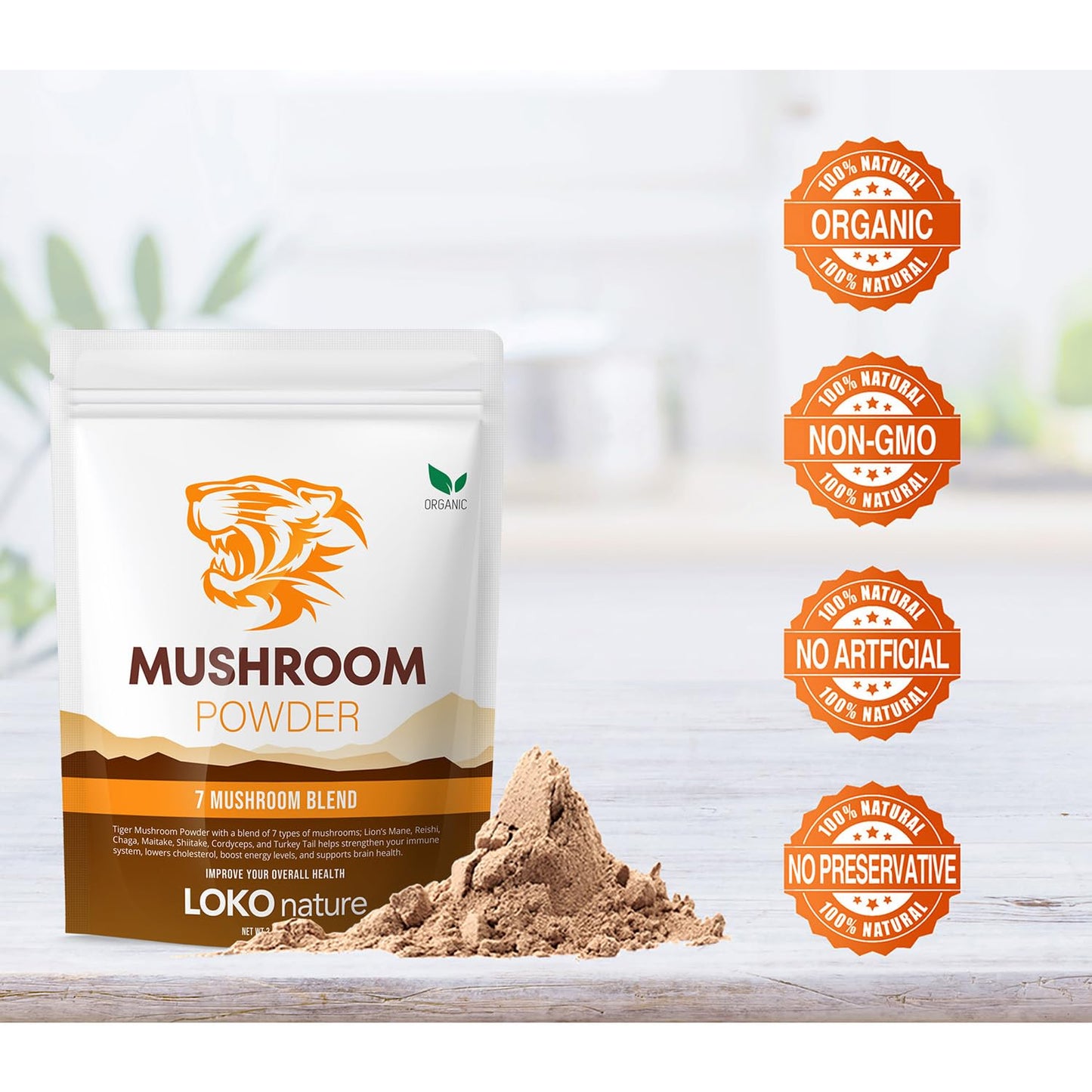 Tiger 7 Mushroom Powder Extract - 3.5oz (100g) | 7-Mushroom Blend | Vegan, Gluten-Free, Dairy-Free