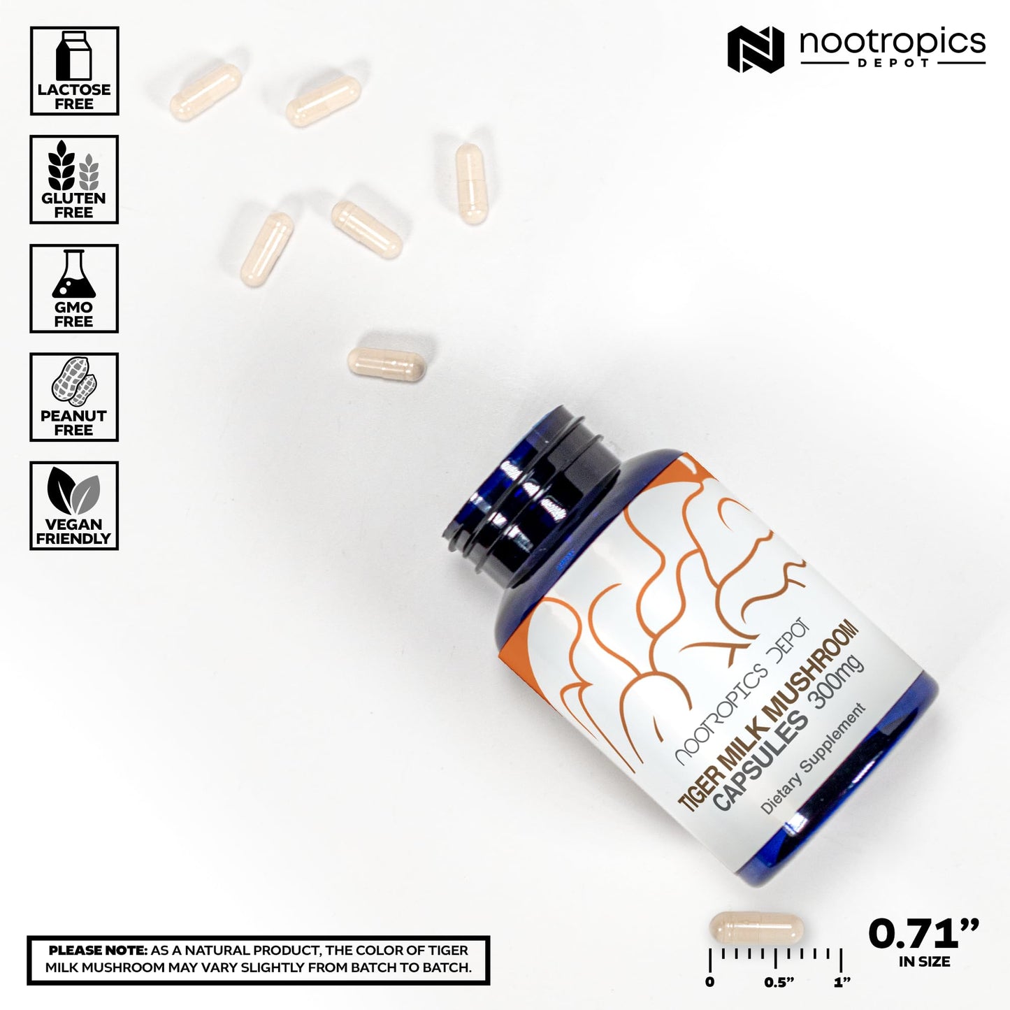 Nootropics Depot Tiger Milk Mushroom Capsules | 300mg | 180 Count | Lignosus rhinocerus Sclerotium | Cognition, Histamine, & Respiratory Support