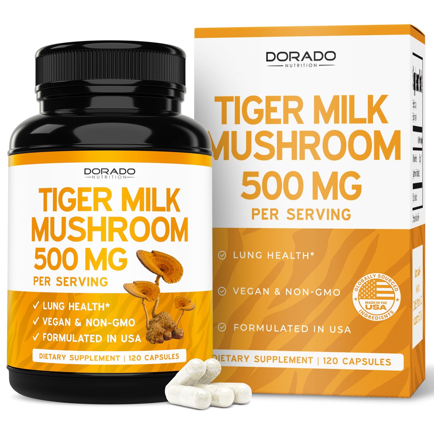 Tiger Milk Mushroom Supplement (120 Capsules, 500 mg per Serving) – Immune & Lung Support | USA Made
