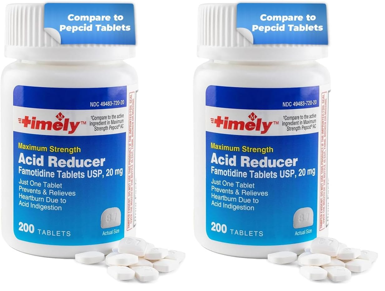 Timely Acid Reducer 20mg Famotidine - Heartburn Relief (200 Tablets, Pack of 2) | TIME-CAP LABS