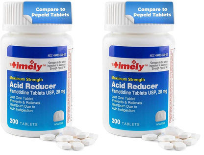 Timely Acid Reducer 20mg Famotidine - Heartburn Relief (200 Tablets, Pack of 2) | TIME-CAP LABS
