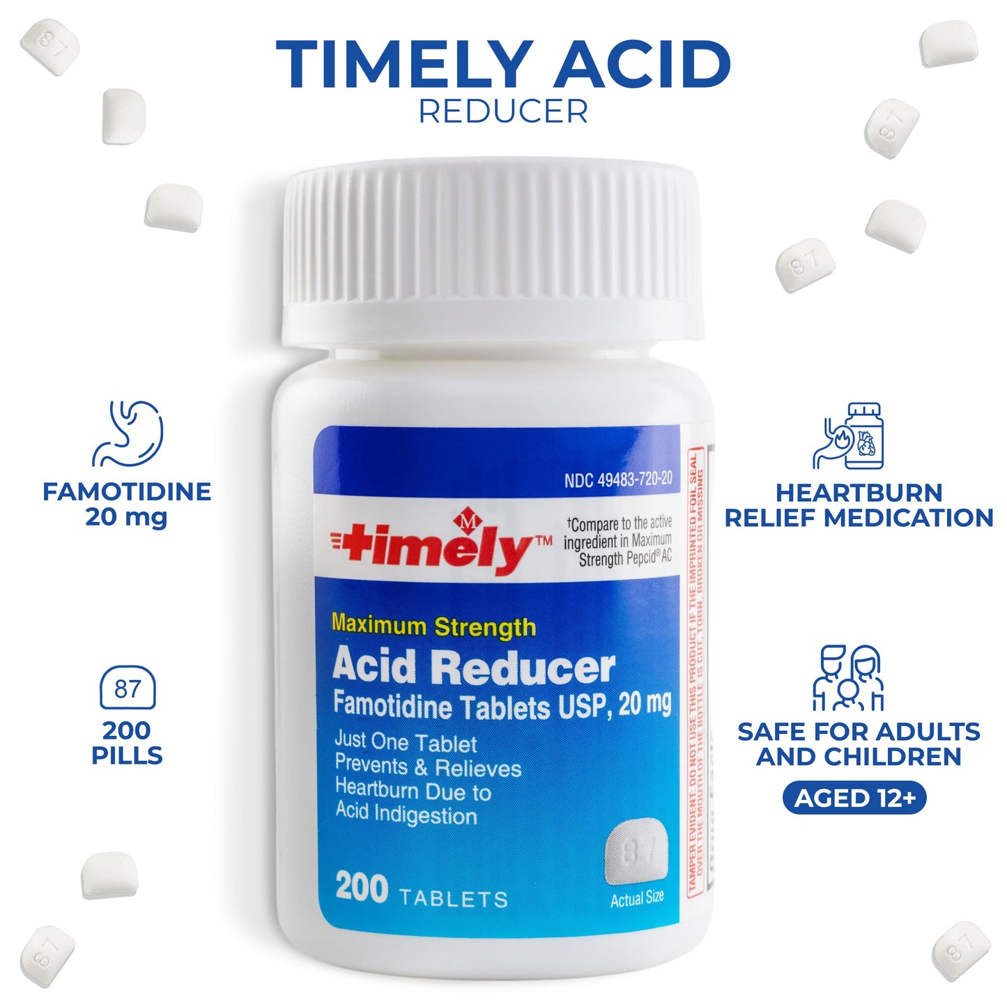 Timely Acid Reducer 20mg Famotidine - Heartburn Relief (200 Tablets, Pack of 2) | TIME-CAP LABS