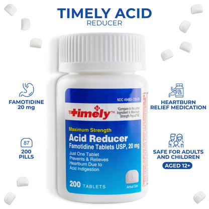 Timely Acid Reducer 20mg Famotidine - Heartburn Relief (200 Tablets, Pack of 2) | TIME-CAP LABS