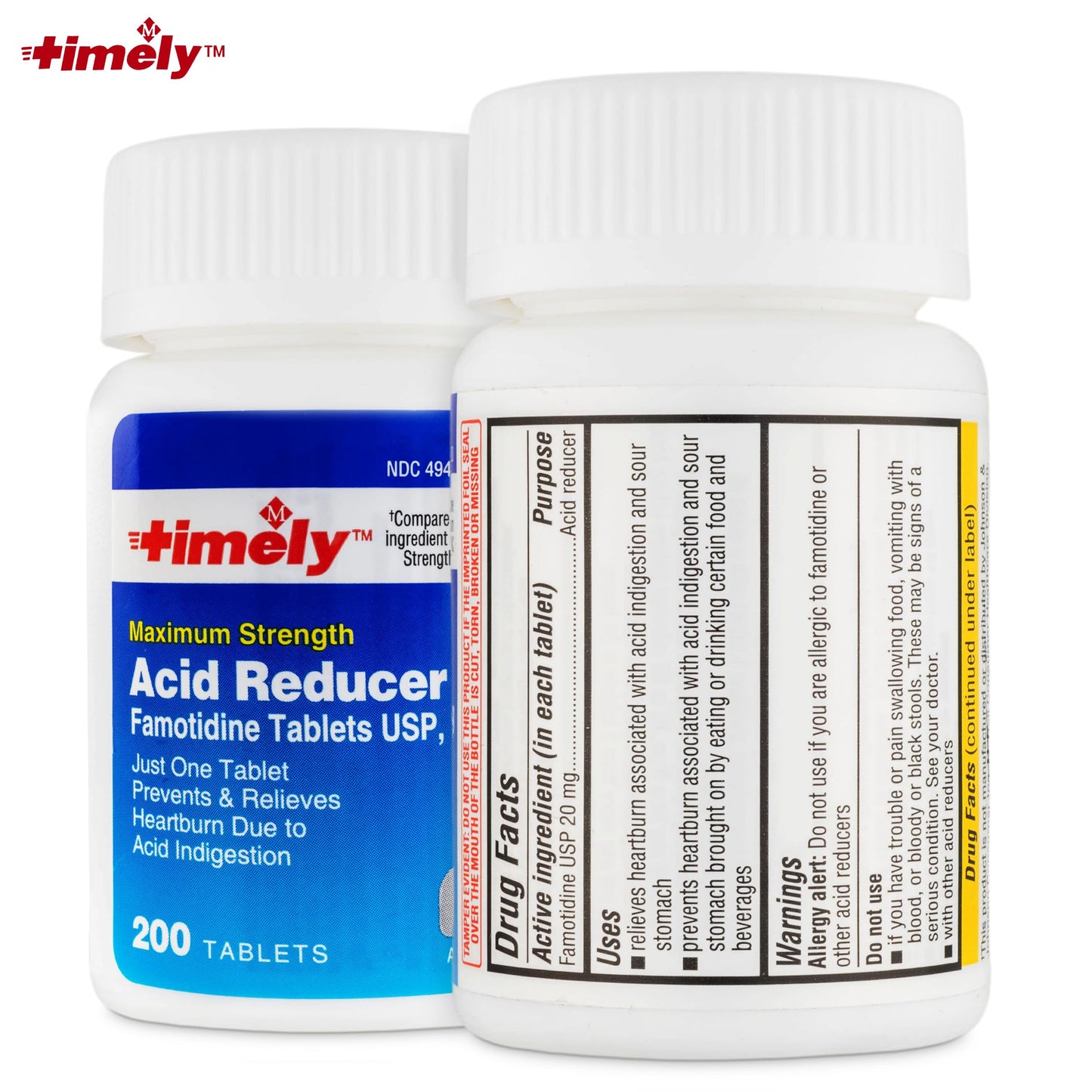 Timely Acid Reducer 20mg Famotidine - Heartburn Relief (200 Tablets, Pack of 2) | TIME-CAP LABS
