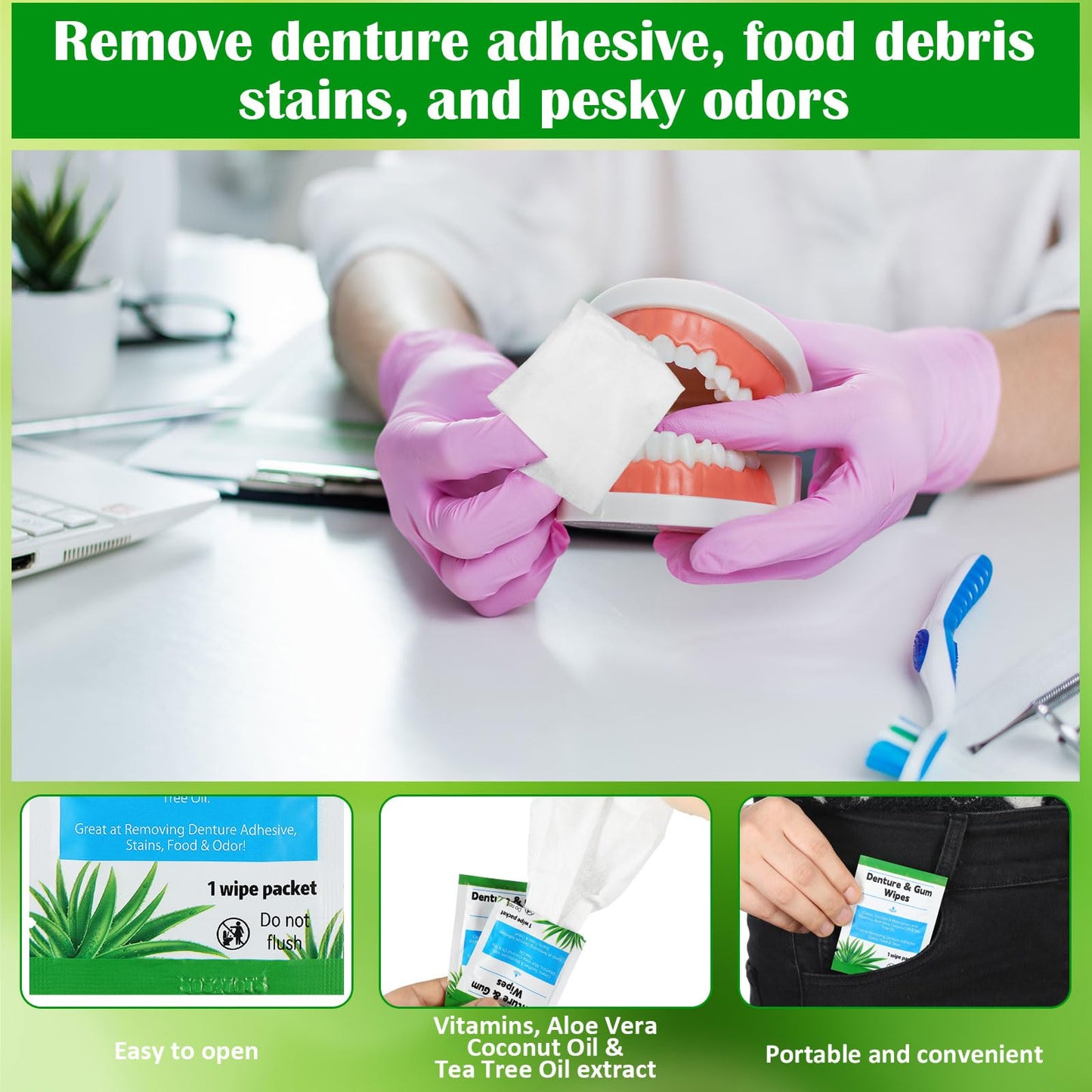 Timgle 100 Pcs Denture Cleaning Wipes - Deep Cleaning for Dentures, Aligners & Mouthguards
