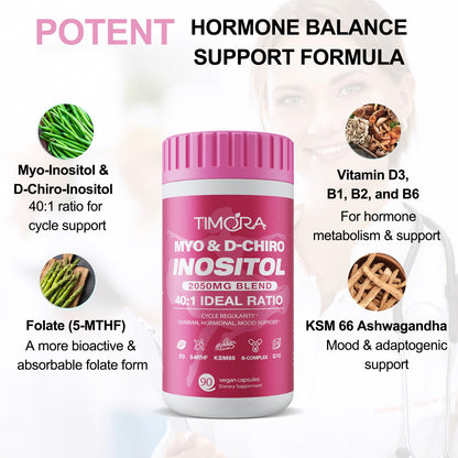 TIMORA Premium 10-in-1 Myo & D-Chiro Inositol Supplement for Women – Fertility, Hormonal Balance, Ovarian Health, Folate & Vitamin D | 40:1 Ratio