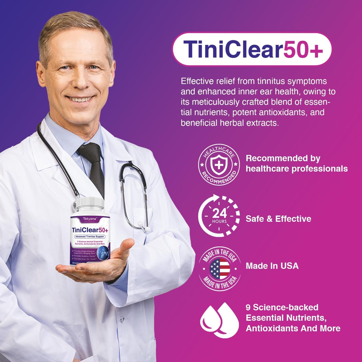 Tinnitus Relief for Ringing Ears – Natural Hearing Health Formula (120 Capsules) – Made in USA