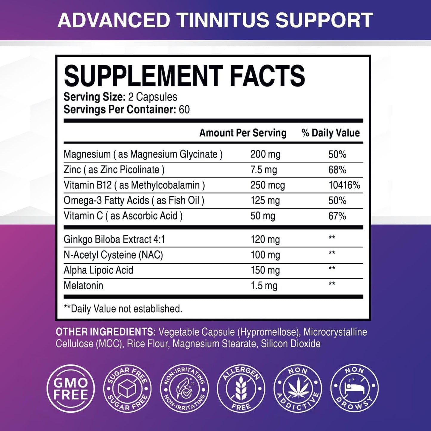 Tinnitus Relief for Ringing Ears – Natural Hearing Health Formula (120 Capsules) – Made in USA