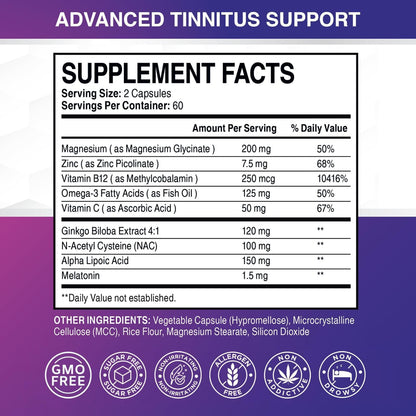 Tinnitus Relief for Ringing Ears – Natural Hearing Health Formula (120 Capsules) – Made in USA
