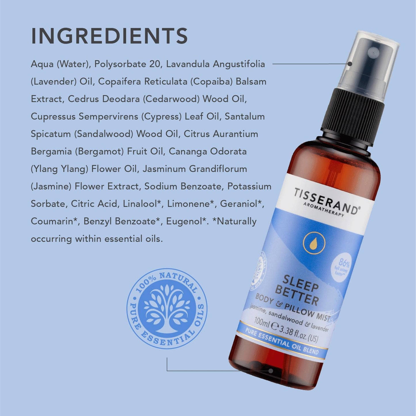 Tisserand Sleep Pillow Mist – 100% Pure Essential Oils (Lavender, Jasmine, Sandalwood) 3.38 fl oz