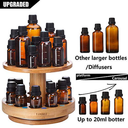 TJ.MOREE Bamboo Diffuser Holder Carousel - 2-Tier Rack for Essential Oils (5ml–20ml)