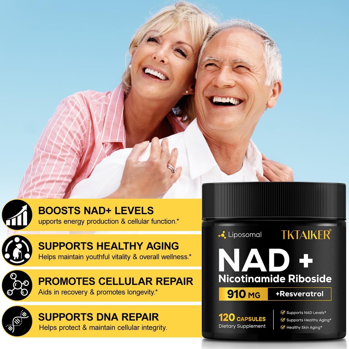 TKTALKER NAD Supplement 910mg NR with Resveratrol & Quercetin | Anti-Aging, Energy & Focus