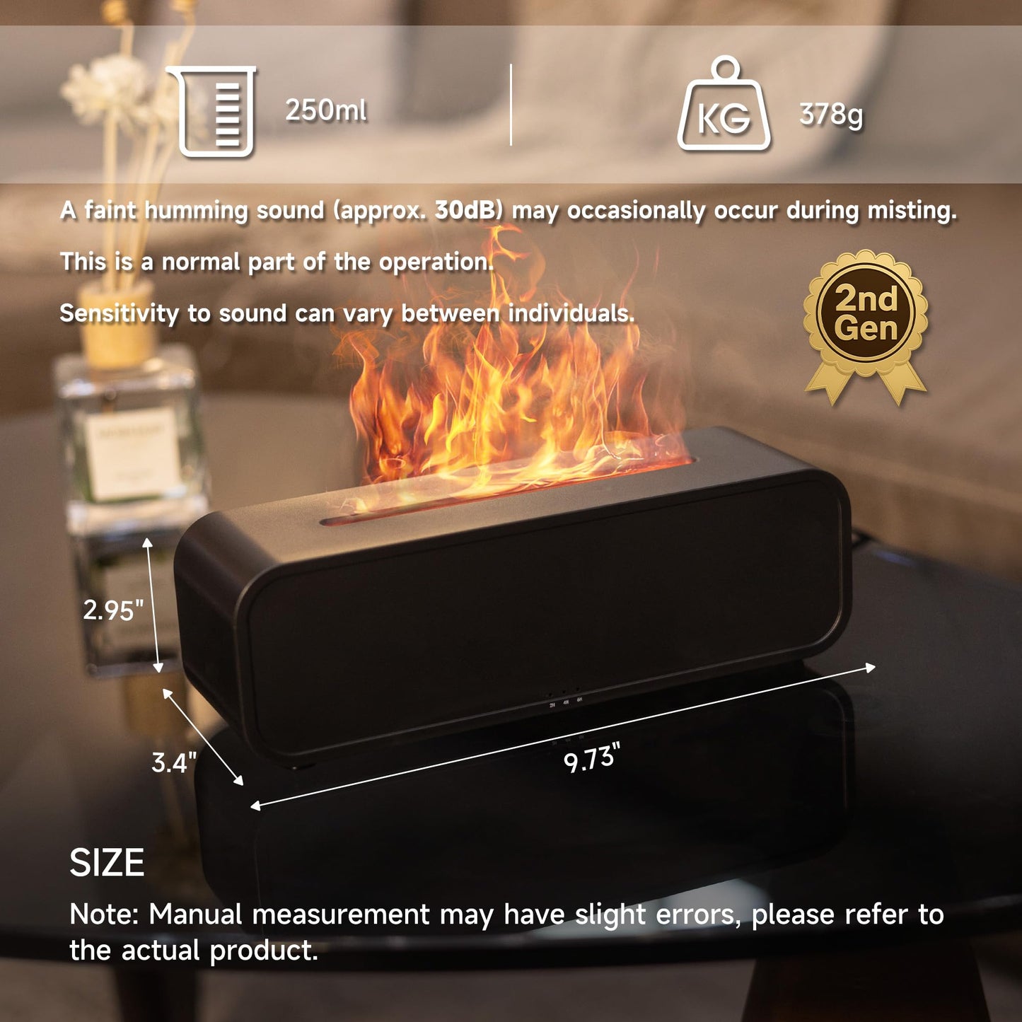 TMEHM Sound Reactive Flame Air Diffuser Humidifier - Jet Black, 7-Color Aromatherapy Diffuser with Timer
