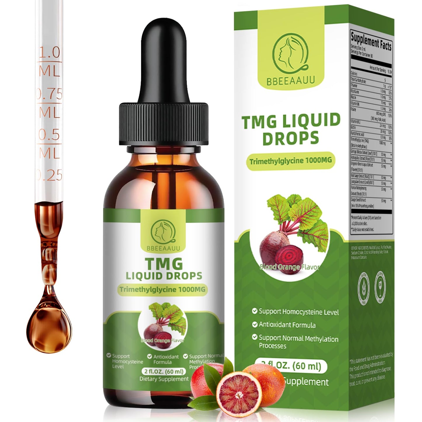 TMG Supplements 1000MG Liquid Drops – Trimethylglycine (Betaine) for Methylation, Liver & Cognitive Support | Non-GMO, Vegan, Blood Orange Flavor, 2 Fl Oz