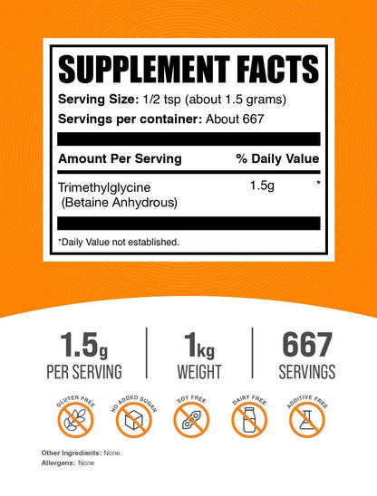 BulkSupplements TMG Powder - Trimethylglycine Betaine Anhydrous 1.5 g Serving, 1 kg