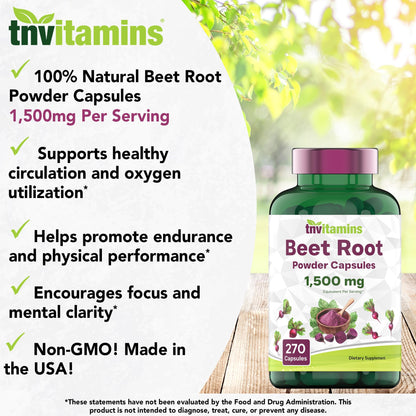 tnvitamins Beet Root Capsules 1,500 mg per Serving | 270 Capsules | Beet Root Powder Extract | Non-GMO & Gluten-Free | Made in USA