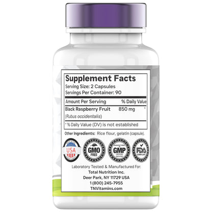 TNVitamins Black Raspberry Capsules 850mg - 180 Capsules (Pack of 2) | 3 Month Supply | Powerful Antioxidant