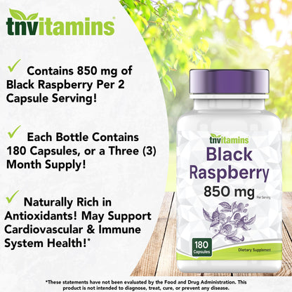 TNVitamins Black Raspberry Capsules 850mg - 180 Capsules (Pack of 2) | 3 Month Supply | Powerful Antioxidant