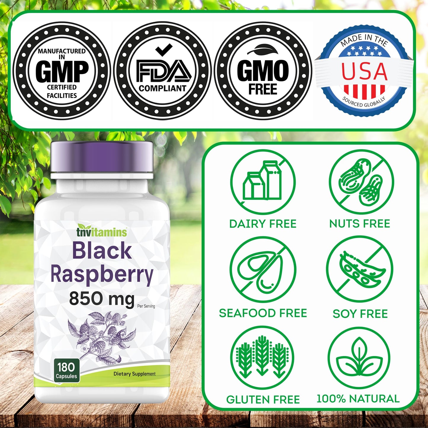 TNVitamins Black Raspberry Capsules 850mg - 180 Capsules (Pack of 2) | 3 Month Supply | Powerful Antioxidant