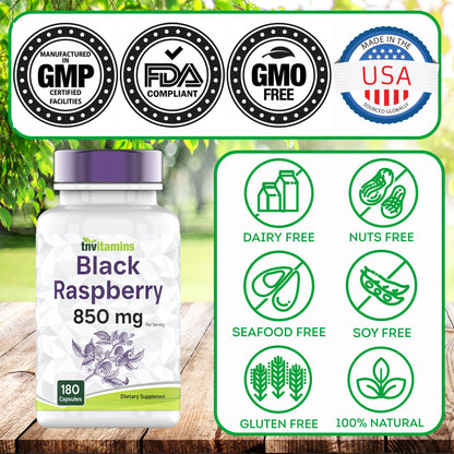 TNVitamins Black Raspberry Capsules 850mg - 180 Capsules (Pack of 2) | 3 Month Supply | Powerful Antioxidant