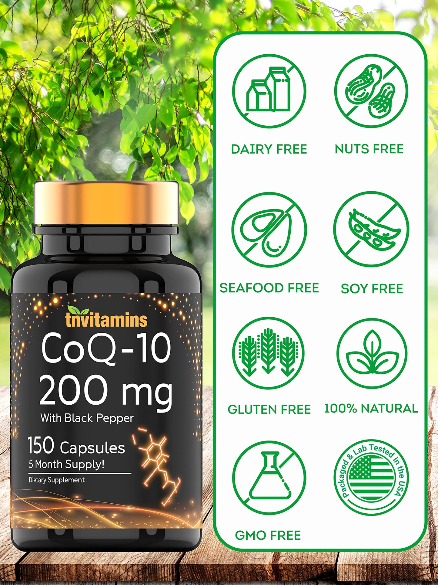 TNVitamins CoQ-10 200mg - 150 Capsules with Black Pepper | 5 Month Supply