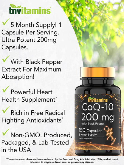 TNVitamins CoQ-10 200mg - 150 Capsules with Black Pepper | 5 Month Supply