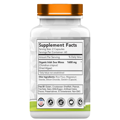 TNVitamins Organic Irish Sea Moss 1600mg – 120 Capsules, 2-Month Supply, Non-GMO, Made in USA