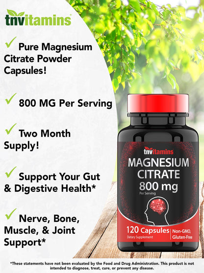 TNVitamins Magnesium Citrate 800mg - 240 Capsules (Pack of 2) | 2-Month Supply | Made in USA