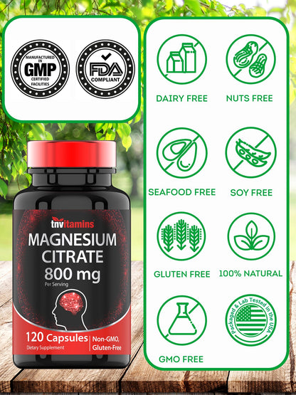 TNVitamins Magnesium Citrate 800mg - 240 Capsules (Pack of 2) | 2-Month Supply | Made in USA