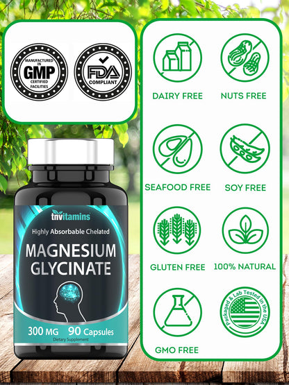 TNVitamins Magnesium Glycinate Capsules – 300 mg Magnesium, 90 Count | Chelated Magnesium Bisglycinate for Sleep & Calm
