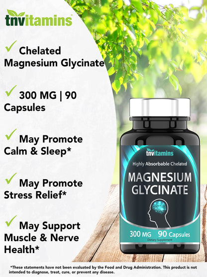 TNVitamins Magnesium Glycinate Capsules – 300 mg Magnesium, 90 Count | Chelated Magnesium Bisglycinate for Sleep & Calm