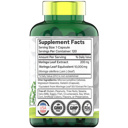 TNVitamins Moringa Capsules 10,000 mg - 120 Capsules | Pure Moringa Oleifera Leaf Powder Supplement | Non-GMO | Made in USA