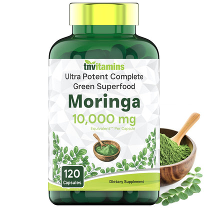 TNVitamins Moringa Capsules 10,000 mg - 120 Capsules | Pure Moringa Oleifera Leaf Powder Supplement | Non-GMO | Made in USA