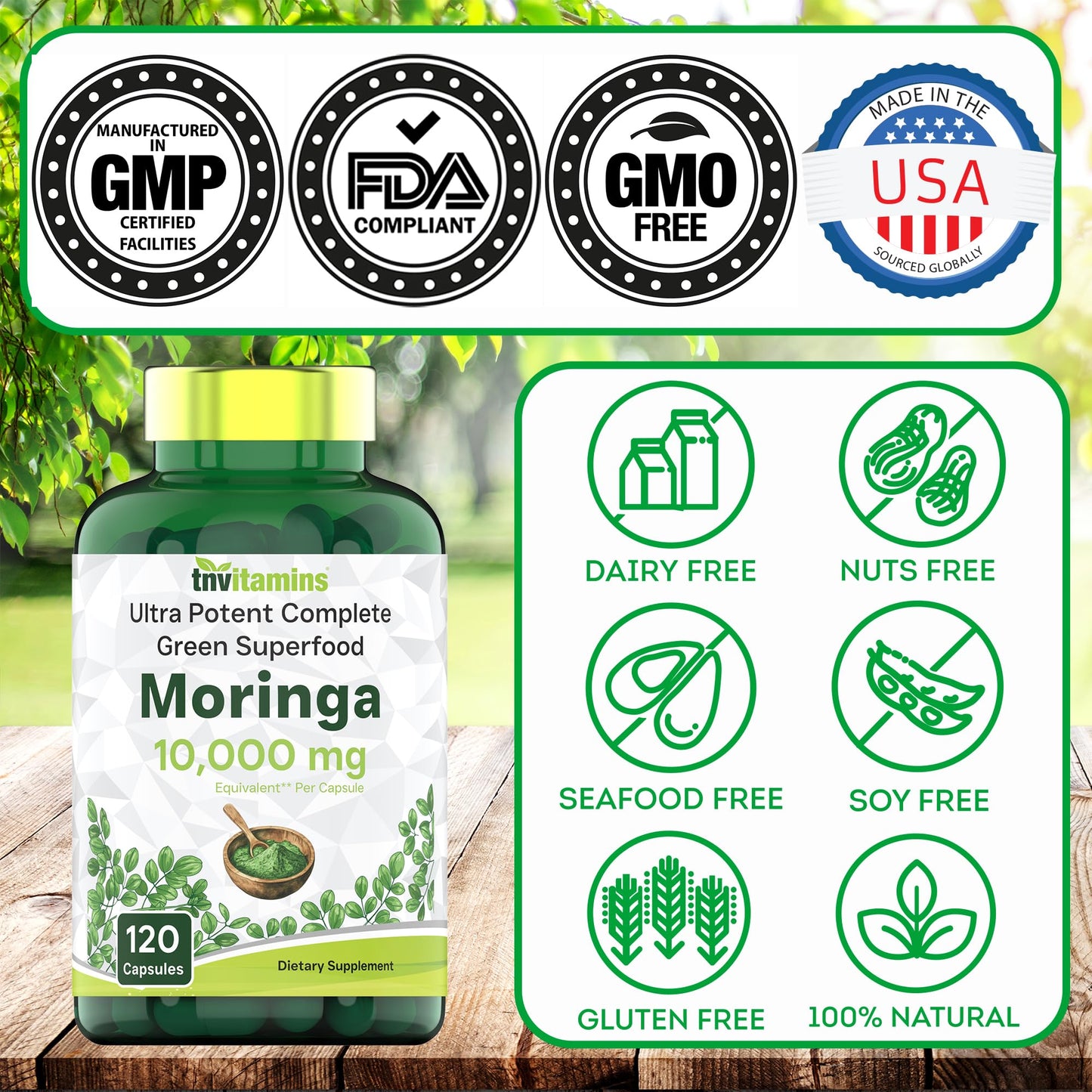 TNVitamins Moringa Capsules 10,000 mg - 120 Capsules | Pure Moringa Oleifera Leaf Powder Supplement | Non-GMO | Made in USA