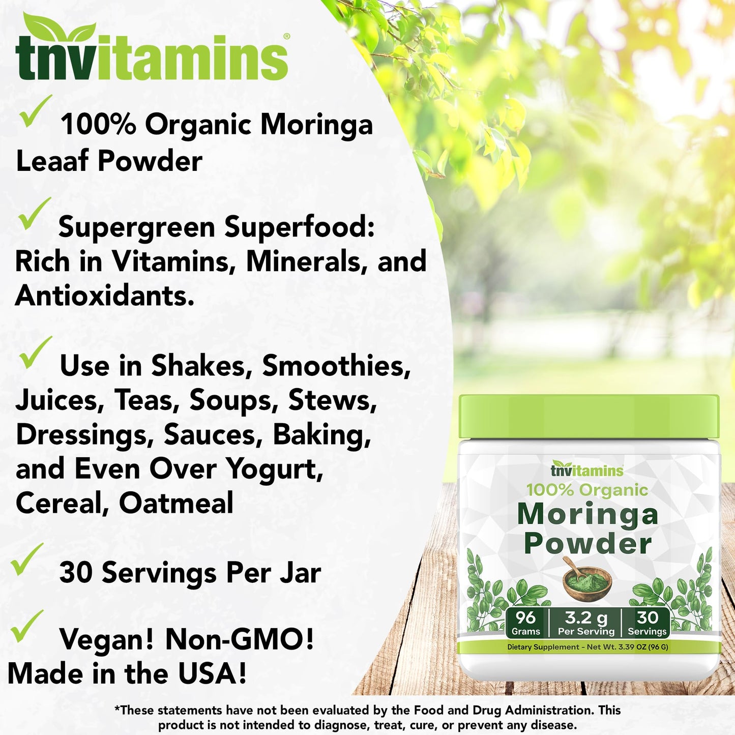 tnvitamins Organic Moringa Powder | Pure Moringa Leaf Superfood