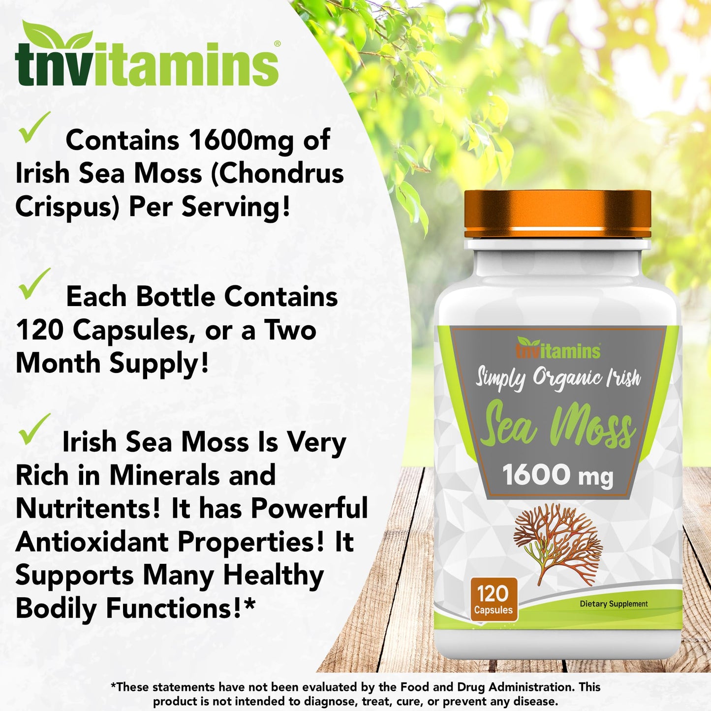TNVitamins Organic Irish Sea Moss 1600mg – 120 Capsules, 2-Month Supply, Non-GMO, Made in USA