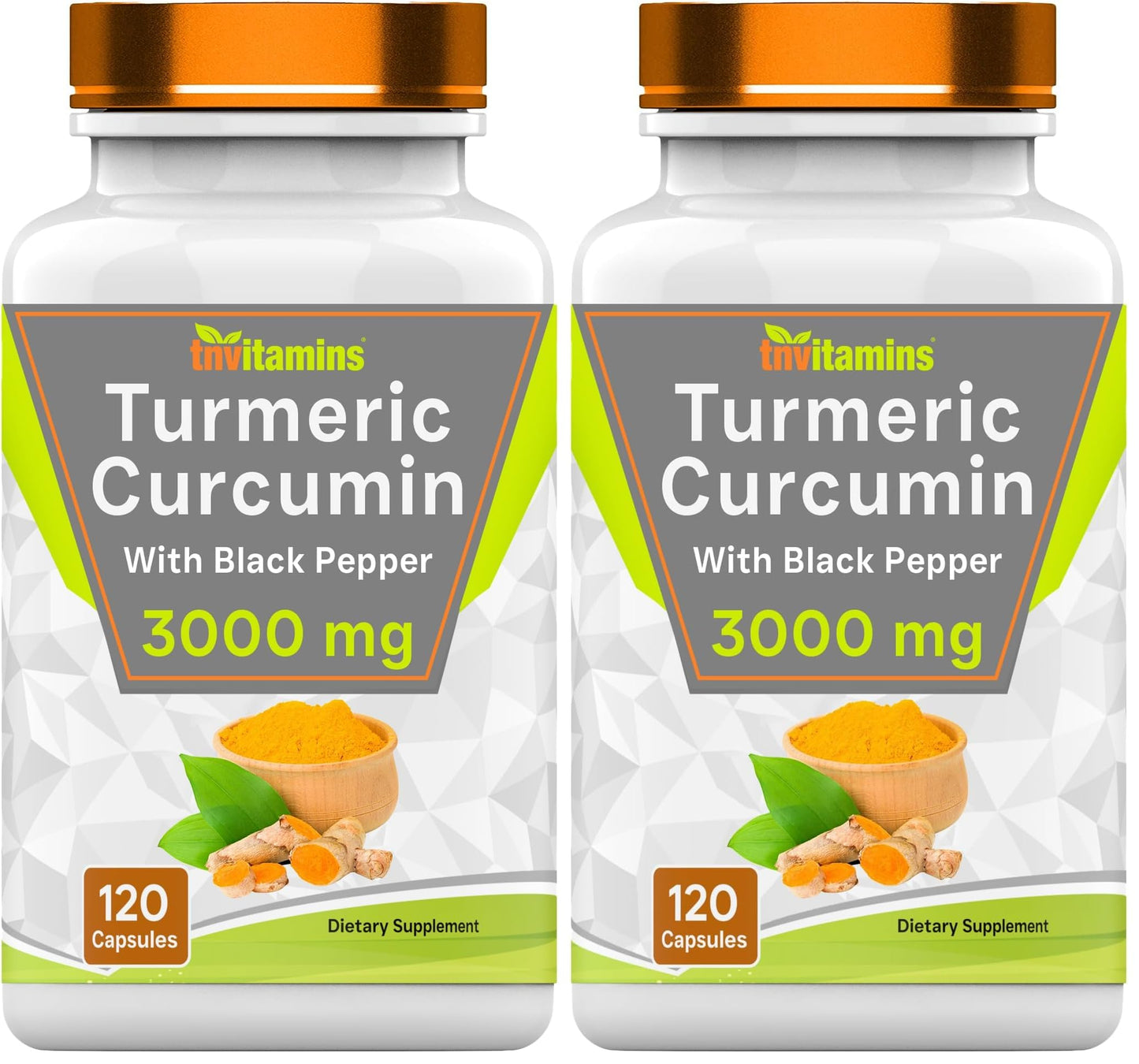 TNVitamins Turmeric Curcumin Capsules with Black Pepper - 3000 mg | 120 Capsules | Extra Strength | Non-GMO | Made in USA (Pack of 2)