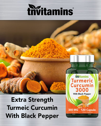 TNVitamins Turmeric Curcumin Capsules with Black Pepper - 3000 mg | 120 Capsules | Extra Strength | Non-GMO | Made in USA (Pack of 2)