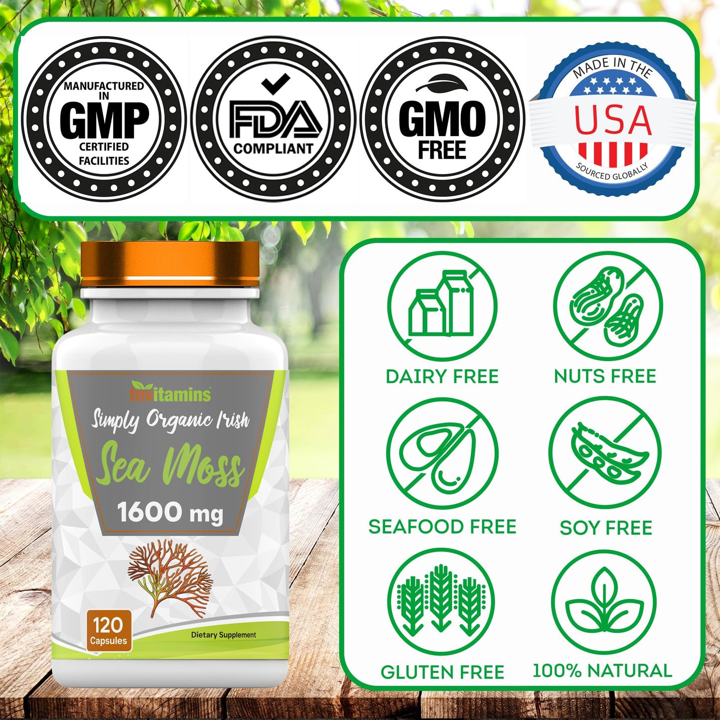 TNVitamins Organic Irish Sea Moss 1600mg – 120 Capsules, 2-Month Supply, Non-GMO, Made in USA