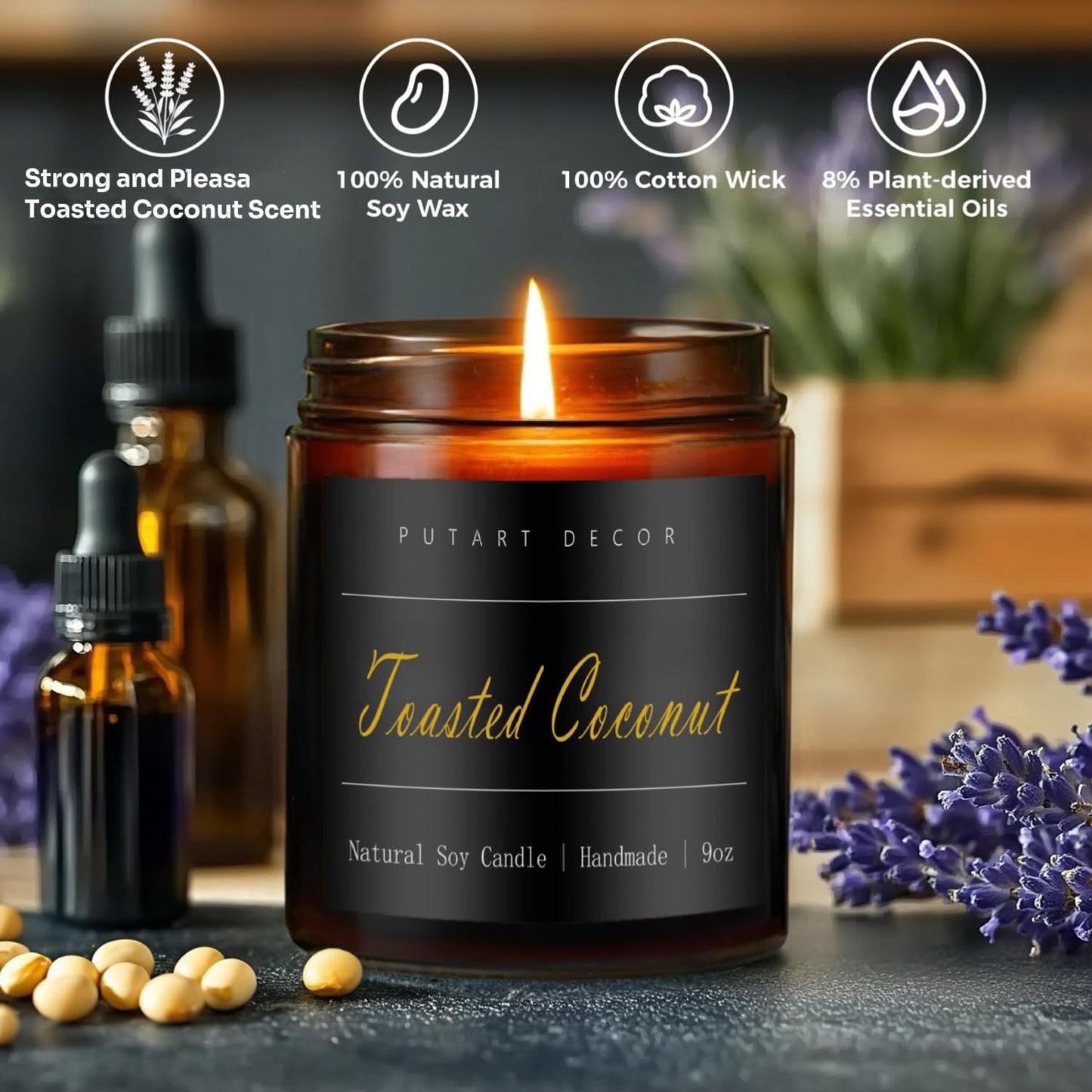 Putart Toasted Coconut Soy Candle 9oz – Non-Toxic, Long-Lasting Fragrance, Luxury Jar