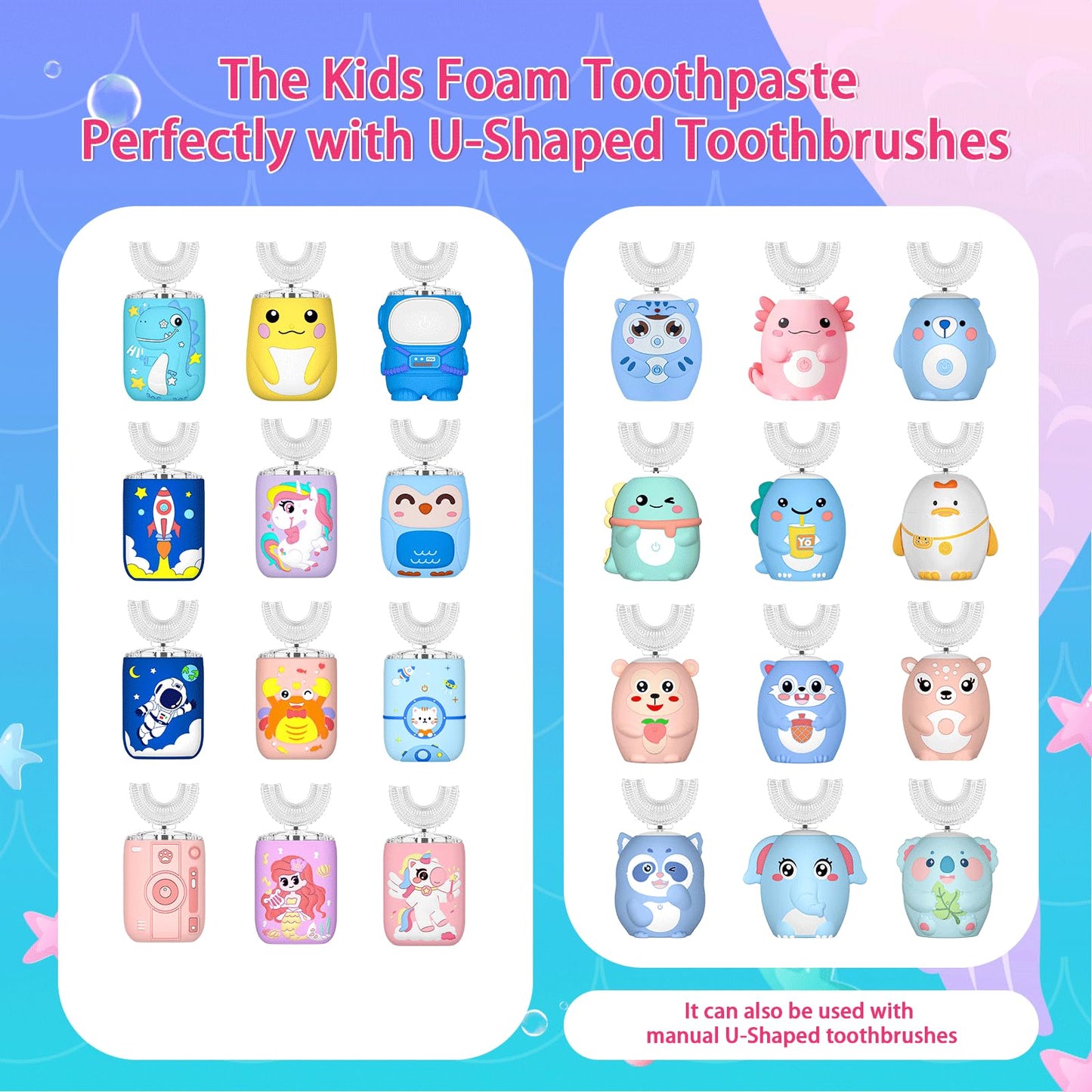 Kids Foam Toothpaste Fluoride Free - Watermelon & Strawberry Mint for U-Shaped Toothbrush