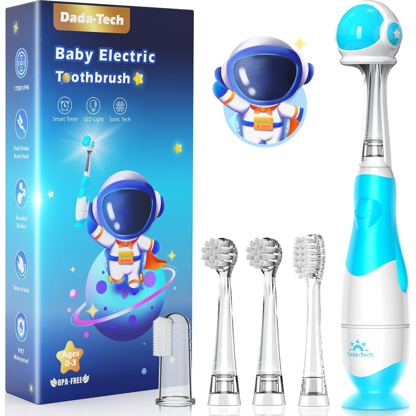 Toddler Electric Toothbrush 1-3 Years | Blue Astronaut, LED, 2-Min Timer, 4 Brush Heads