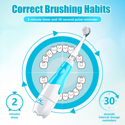 Toddler Electric Toothbrush 0-3 Years | LED Light, 2-Min Timer, 4 Heads – Blue