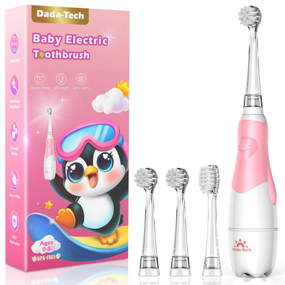 Toddler Electric Toothbrush for Kids 0-3 | LED Light, 2-Minute Timer, 4 Heads - Pink