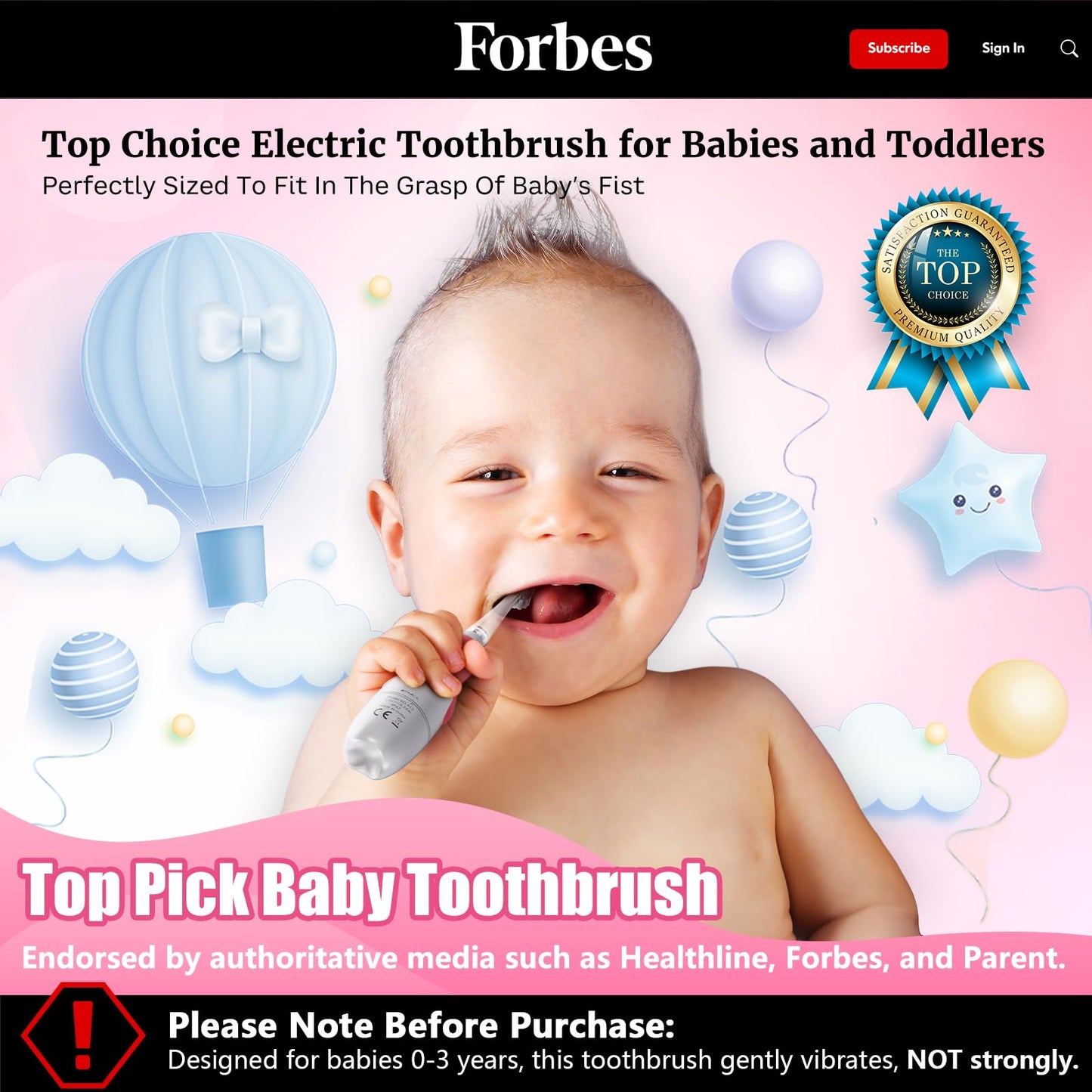 Toddler Electric Toothbrush for Kids 0-3 | LED Light, 2-Minute Timer, 4 Heads - Pink