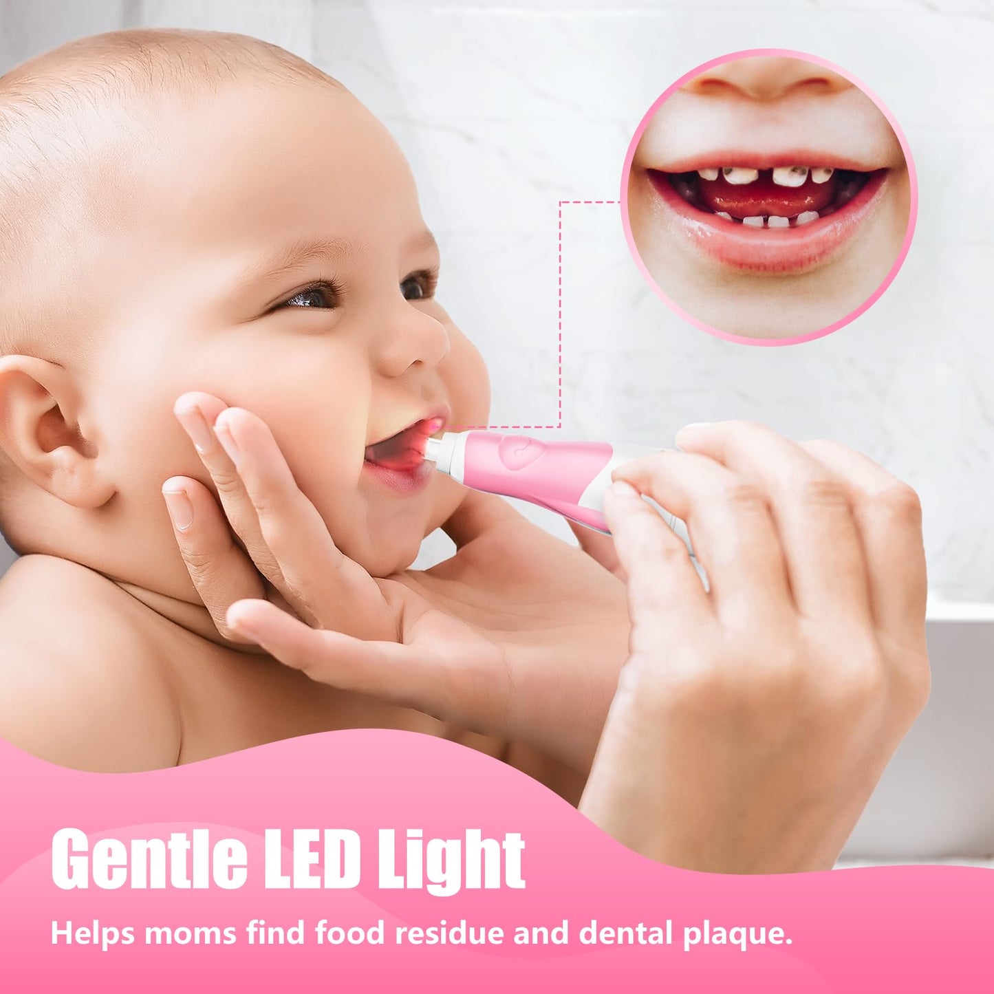 Toddler Electric Toothbrush for Kids 0-3 | LED Light, 2-Minute Timer, 4 Heads - Pink
